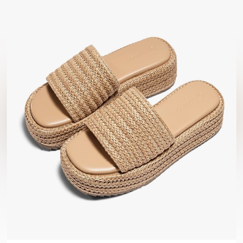 NEW! Women's ‘COFFEE’ Color Raffia Platform Sandals-9M - Picture 5 of 17